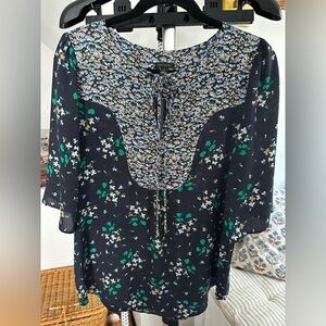 Ann Taylor Navy and Green Floral Blouse